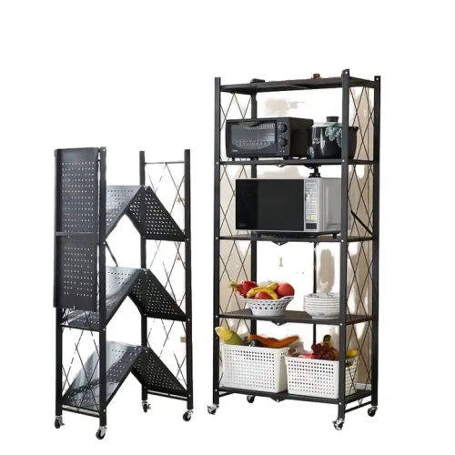5-Layer Foldable Metal Frame Kitchen Rack with Wheels and Key Lock, Storing Kitchen Appliances and Food Baskets.