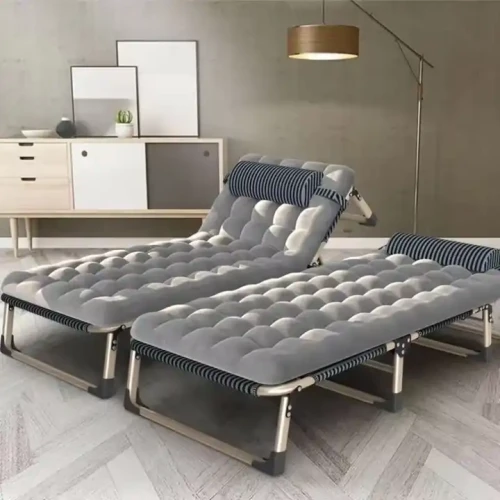 Modern Space-Saving Foldable Bedroom Furniture Simple Sturdy Metal Bed Dormitory Hospital School Dining Apartment set up in a modern room.