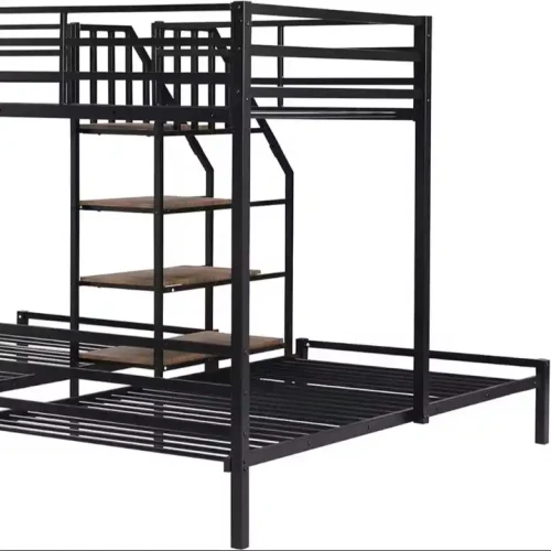 Metal frame bed with an upper bunk and wooden stairs.