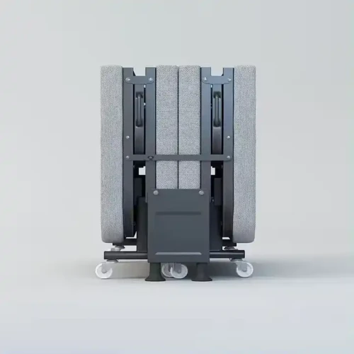 Lit en métal pliable moderne, économiseur d'espace, sur roulettes pour facilité de rangement.