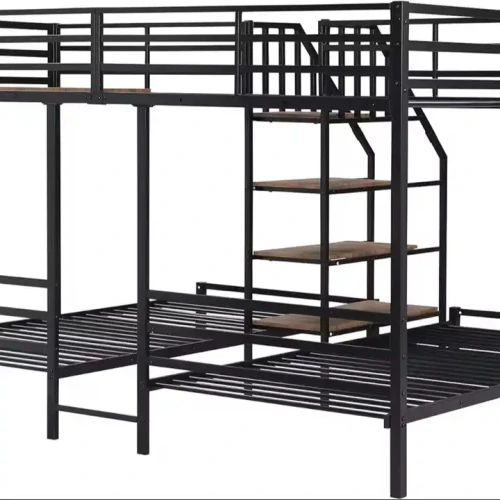 Metal bunk bed frame with integrated wooden shelves