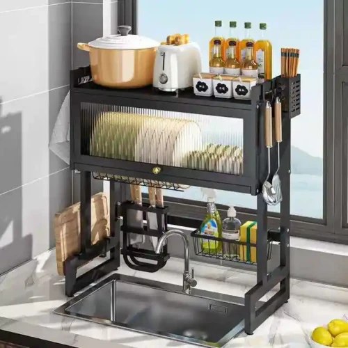 Smart Design Metal Frame Kitchen Shelf Above Sink Holding Dishes and Kitchen Tools.