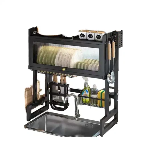 Smart Design Metal Frame Kitchen Shelf over sink with dishes and kitchen tools.