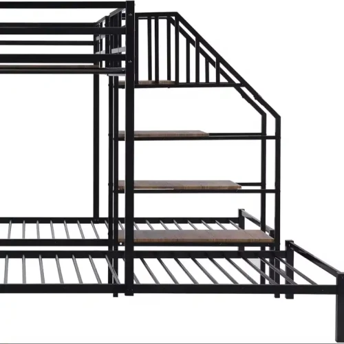 Structure métallique de lit superposé noir avec échelle intégrée.