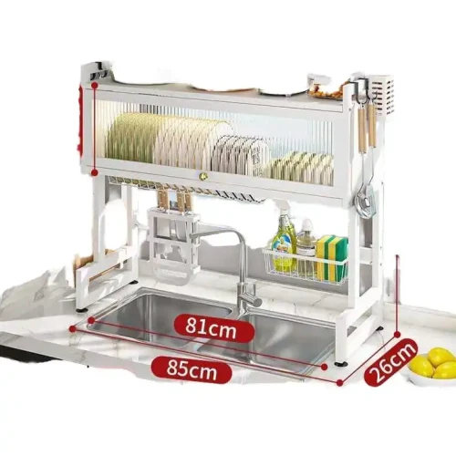 Smart Design Modern Metal Kitchen Shelf over sink with dishes and cooking tools.