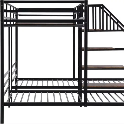 Black metal bunk bed frame with ladder and side rails.