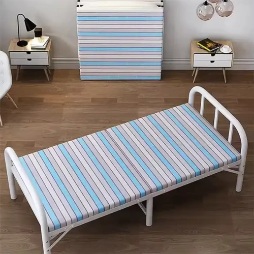 Modern Design Bedroom Home Furniture Sturdy Durable Bed for Apartment Workshop Metal Luxury Foldable Space-Saving Bed with striped mattress.