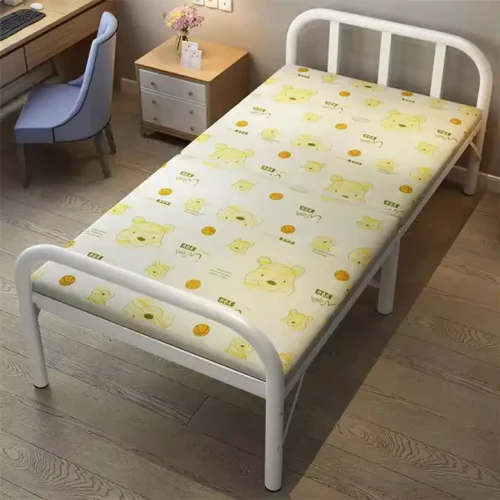 Modern Design Bedroom Home Furniture Sturdy Durable Bed with Bear Print Mattress For Apartment Workshop Metal Luxury Foldable Space-Saving Bed.