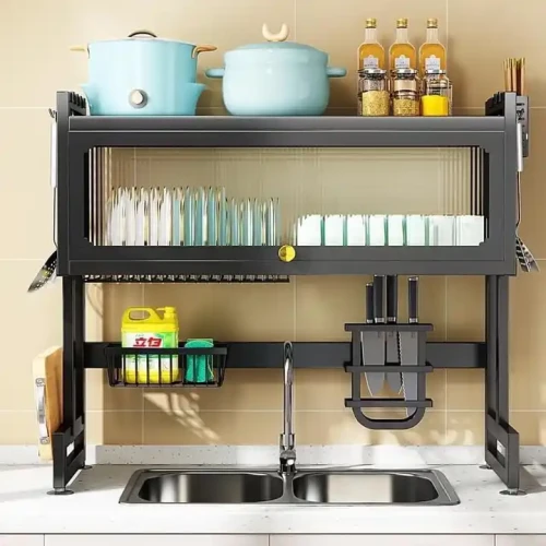 Modern Metal Mini Shelf over Kitchen Sink for Dishes and Cooking Tools, Space-Saving Design.
