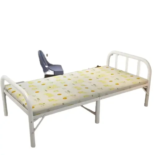 Modern Foldable Space-Saving Bed in white metal frame with printed mattress