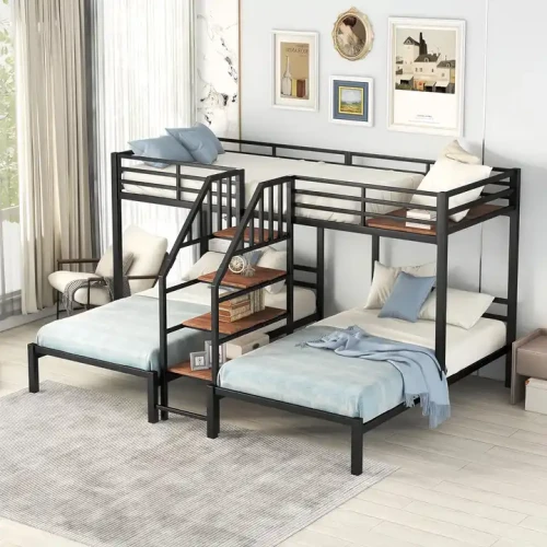 Bed Room Furniture bunk bed with integrated shelves and blue bedding