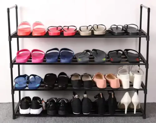 Modern Design Metal Shoe Rack with Multiple Layers Filled with Various Shoes