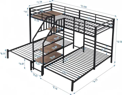 Lit superposé triple en métal au design moderne avec escaliers intégrés, idéal pour dortoirs et appartements.