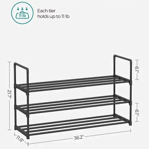 Modern Design Stackable Layer Metal Shoe Rack - black, 3-tier, dimensions indicated.