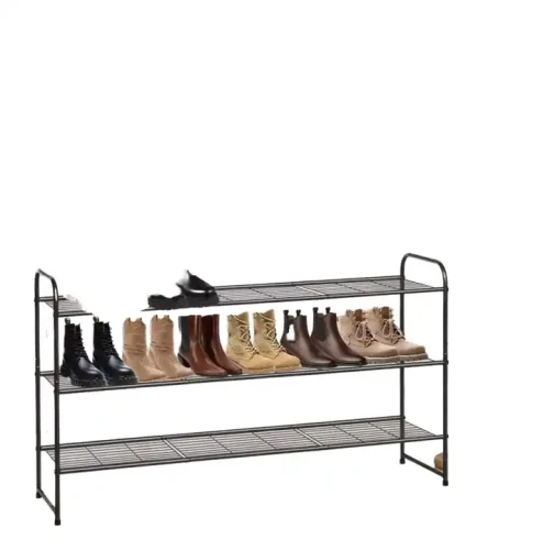 Modern Design With Stackable Feature Metal Shoe Rack For Household Hotel Hostel Height Adjustable Indoor Home Furniture holding various pairs of shoes, including boots and sneakers.