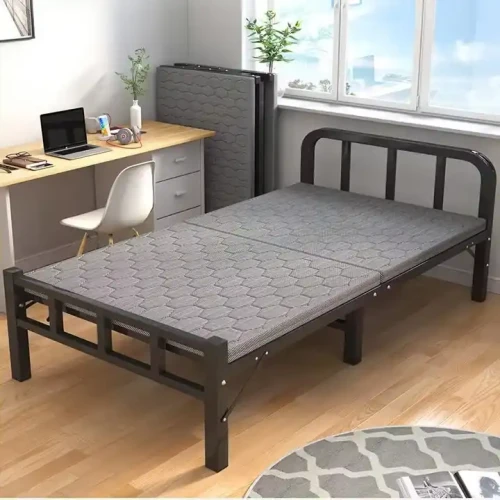 Modern foldable metal single bed in a bedroom.