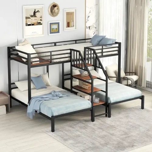 Lit superposé triple en métal noir avec espace de rangement, idéal pour petits espaces et appartements modernes.