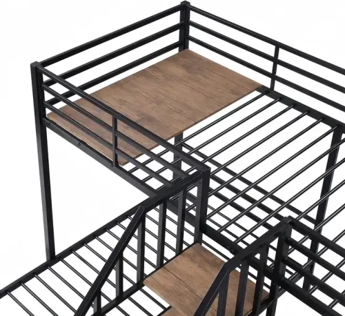 Triple bunk bed with modern metal frame and wooden details for indoor use.