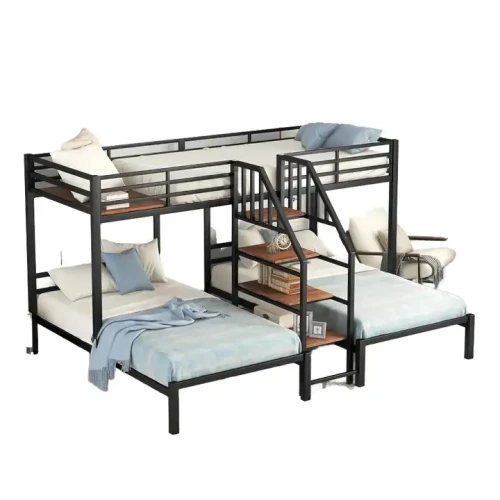 Lit superposé triple pour adulte avec cadre en métal moderne et design simple, vue d'intérieur.