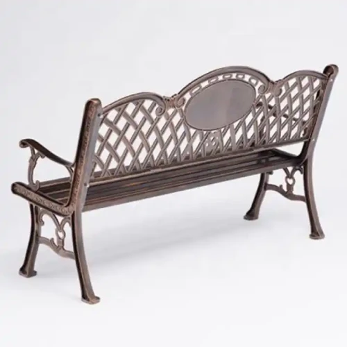Outdoor metal bench with armrests and decorative backrest design.