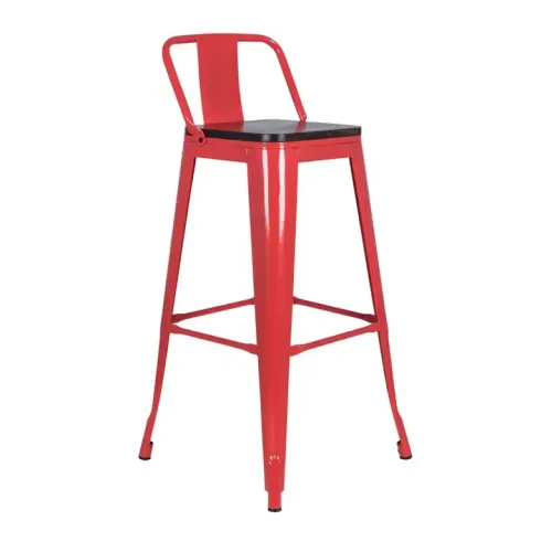 Red metal bar stool with footrest and backrest.