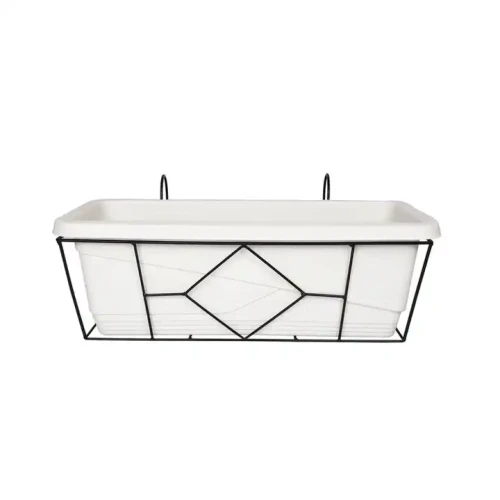 Hanging Basket Flower Stand with geometric design for balcony flowers.