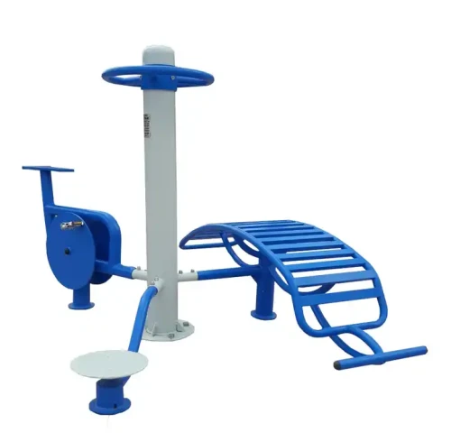 Équipement de fitness extérieur en métal bleu pour exercices dans les parcs résidentiels.