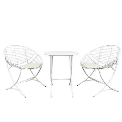 Ensemble de chaises et table en métal blanc avec coussins, design moderne pour intérieur et extérieur.