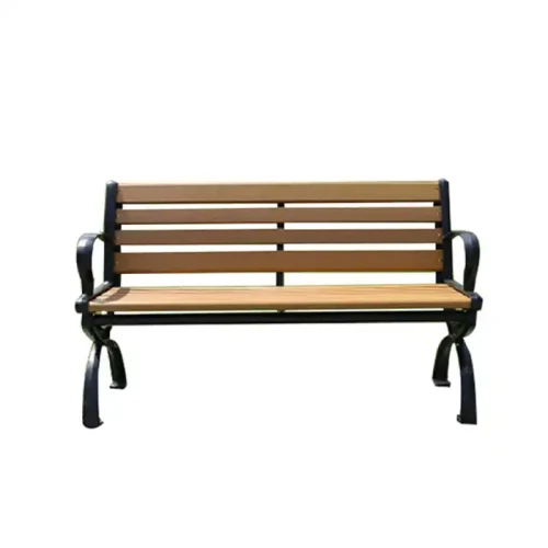 Outdoor bench seating made of metal and wood for gardens or parks.