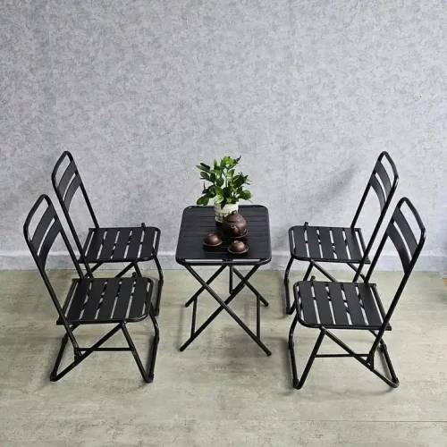 Chaises pliantes en métal avec table pour jardin extérieur, mobilier de patio.