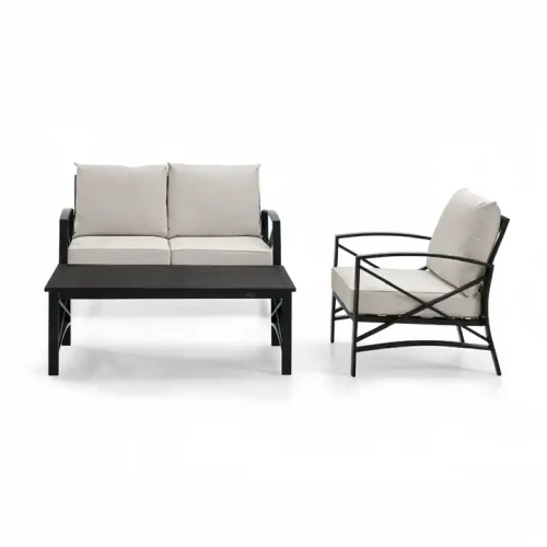 Modern patio furniture set with beige cushions and black frames, including a loveseat, armchair, and coffee table.