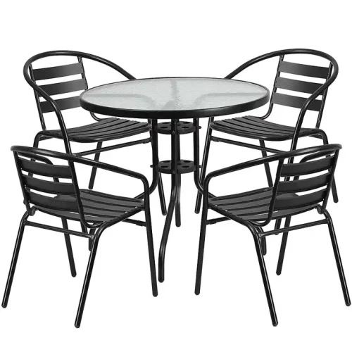 Garden Chair Outdoor Patio Furniture Set Home Garden Decoration Furniture with round table and four black chairs.