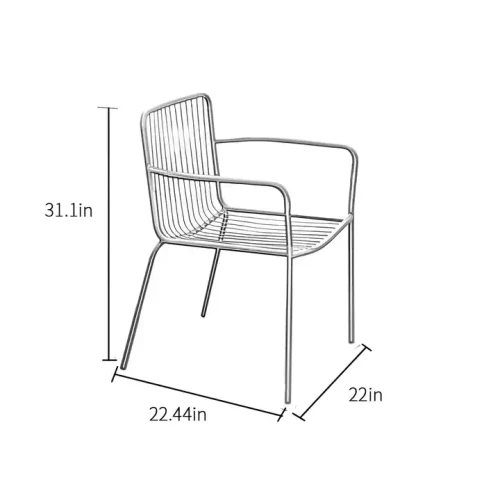 Metal garden chair with armrests and dimensions.