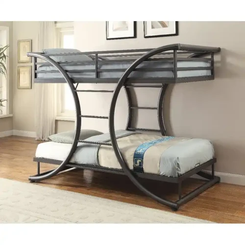 Modern double bunk bed for kids with durable metal frame.