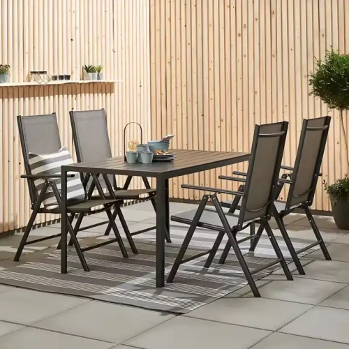 Modern Design Foldable Metal Material Outdoor Furniture Set for Camping Garden. Patio table with four metal chairs.