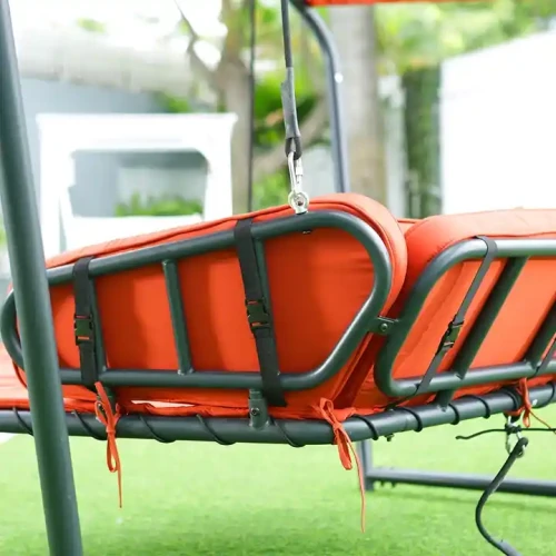 Modern Design Outdoor Home Furniture Metal Frame Swing Chairs For Two with orange cushions.