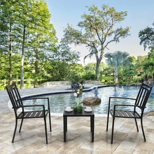 Modern Design Metal Frame Garden Set by a pool in a lush outdoor setting.