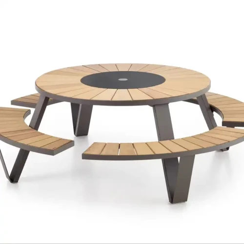Moderner Design Langlebiger Metallrahmen Holztisch Rundtisch mit integrierten Bänken für Außenbereich.