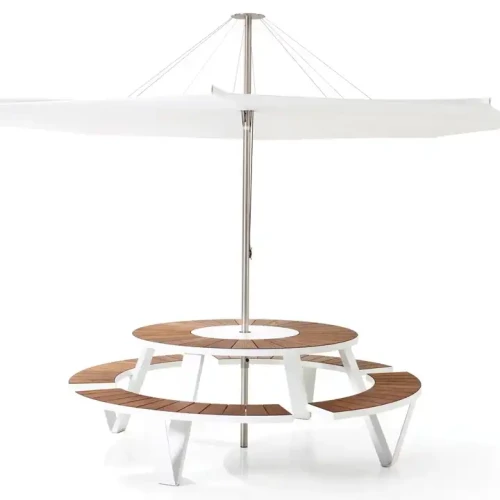 Modern Design Durable Metal Frame Wood Round Shape Table And Chairs with Umbrella for Patio, Outdoor, Indoor Use.