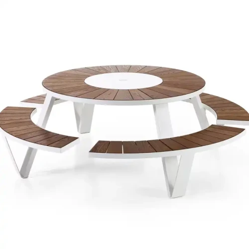 Modern Design Durable Metal Frame Wood Top Round Shape Table With Chairs Attached Outdoor Indoor Patio Furniture