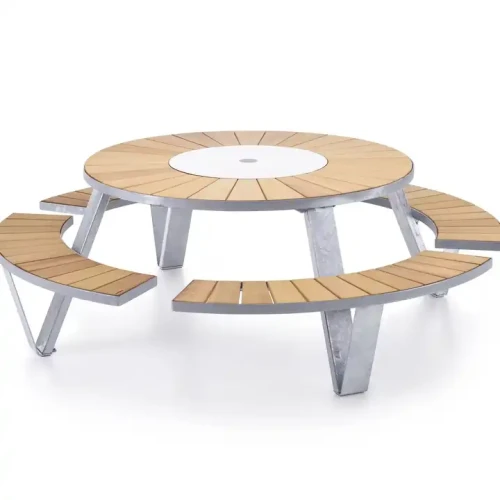 Table ronde en bois avec cadre métallique durable et chaises intégrées, design moderne.