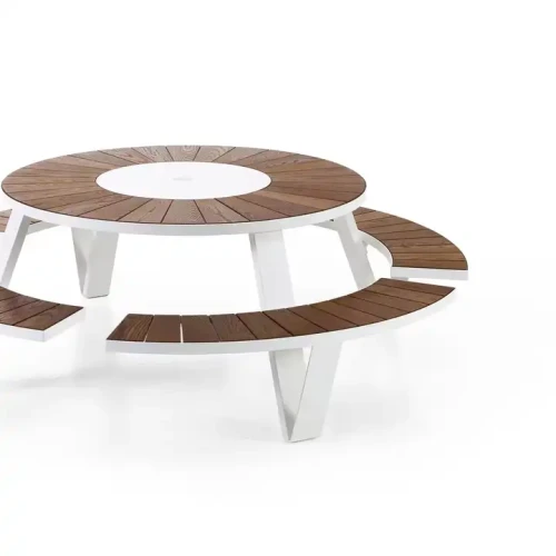 Durable Metal Frame Wood Top Table with Attached Modern Outdoor Patio Garden Chairs.