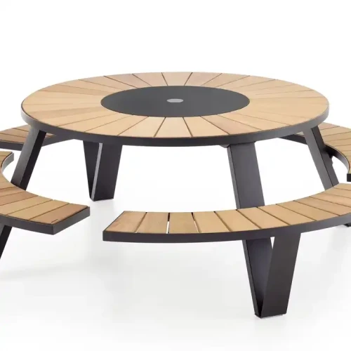 Table ronde en bois avec cadre en métal durable pour jardin.