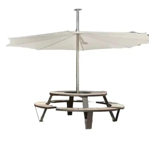 Modern outdoor patio garden dining set with round wood top table and metal frame chairs.