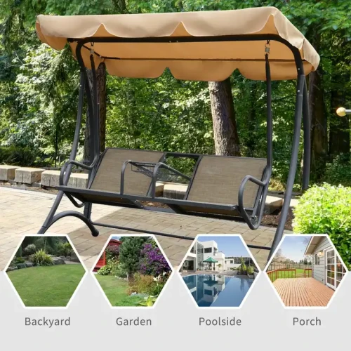 Chaise suspendue en métal pour deux personnes avec auvent, idéal pour balcon et jardin.