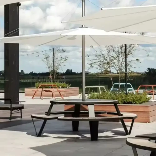 Modern Metal Frame Chairs With Round Wood Top Table for Patio Dining.