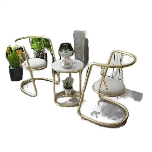 Unique Decoration Dining Set Luxury Indoor Outdoor Metal Material Table Set For Garden Modern For Balcony Home Furniture Design with gold frames and white cushions.