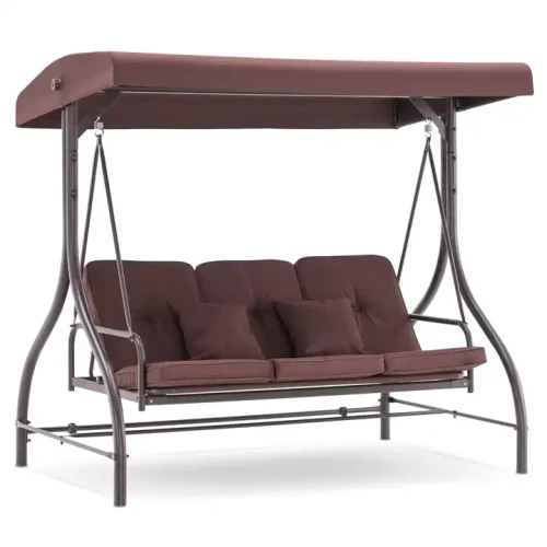 Chaise balançoire moderne à 3 places avec coussins marron, cadre en métal, pour jardin et patio extérieur.