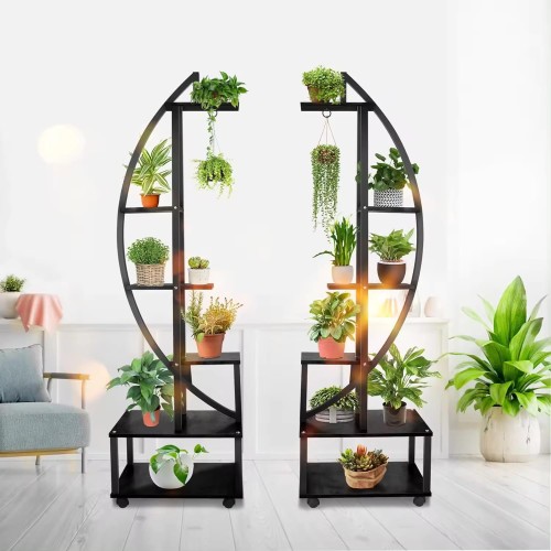 Artificial metal flower display racks with various potted plants for wedding decor and balcony display.