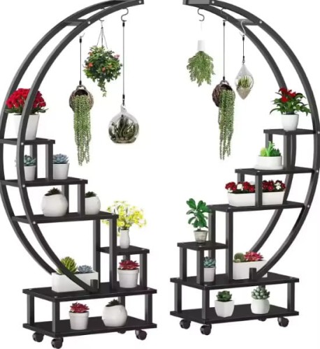 Multi - Size Indoor Outdoor Stand Rack Plant Holder Iron Frame Balcony Decoration with potted plants and hanging planters.